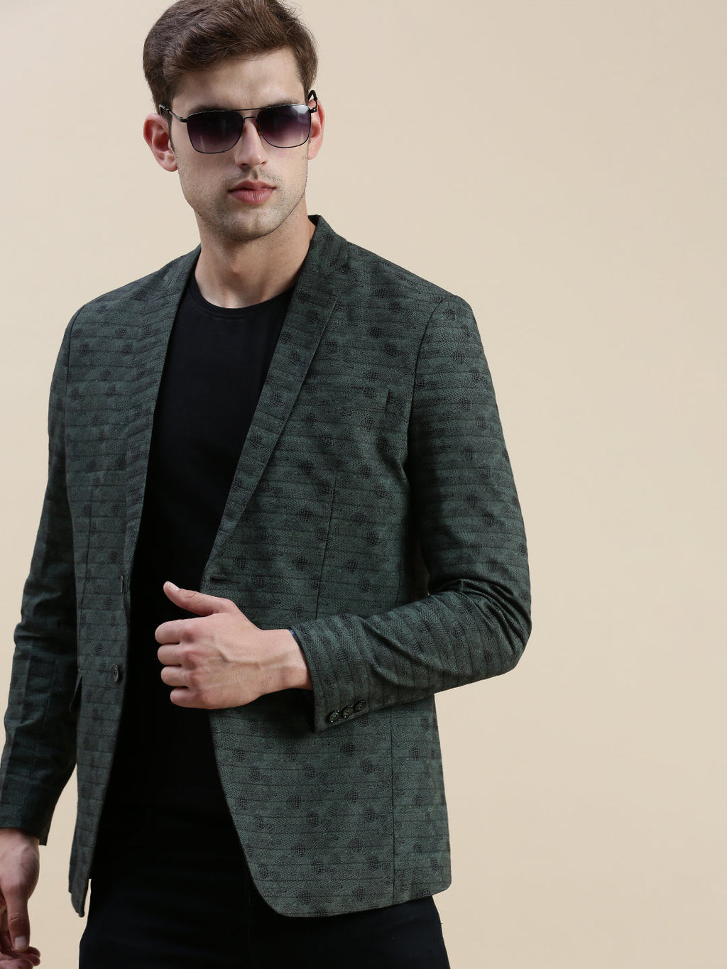 Men's Olive Printed Slim-Fit Single Breasted Casual Blazers