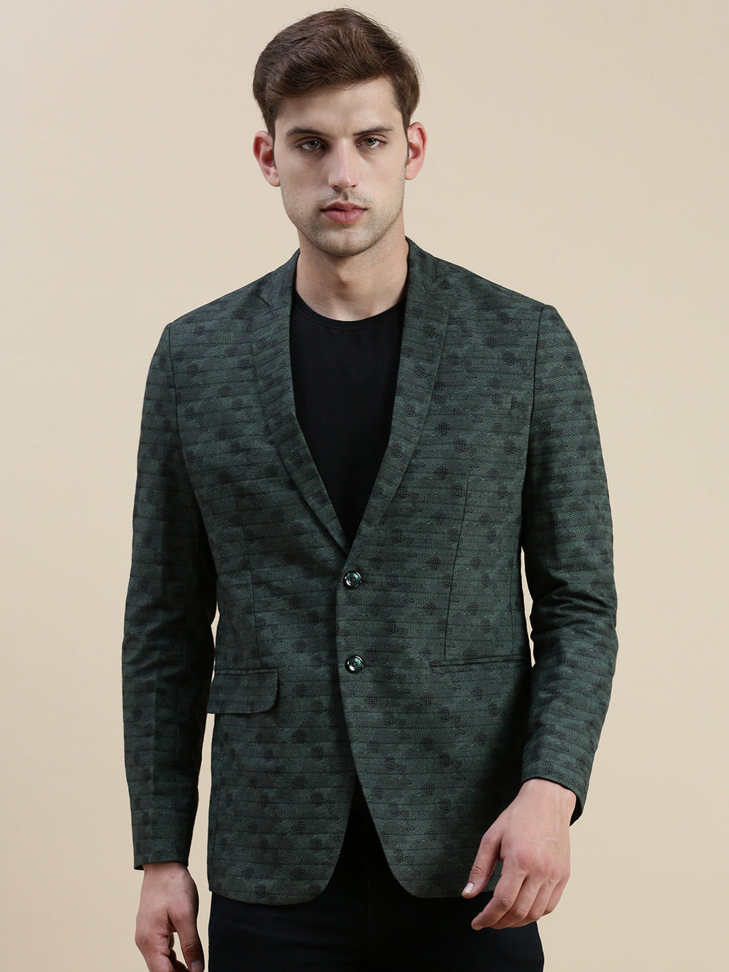 Men's Olive Printed Slim-Fit Single Breasted Casual Blazers