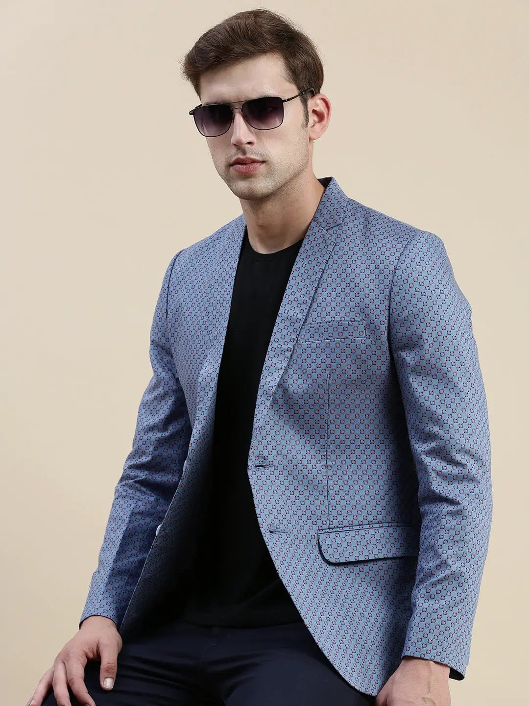 Men's Blue Printed Notched Lapel Blazers
