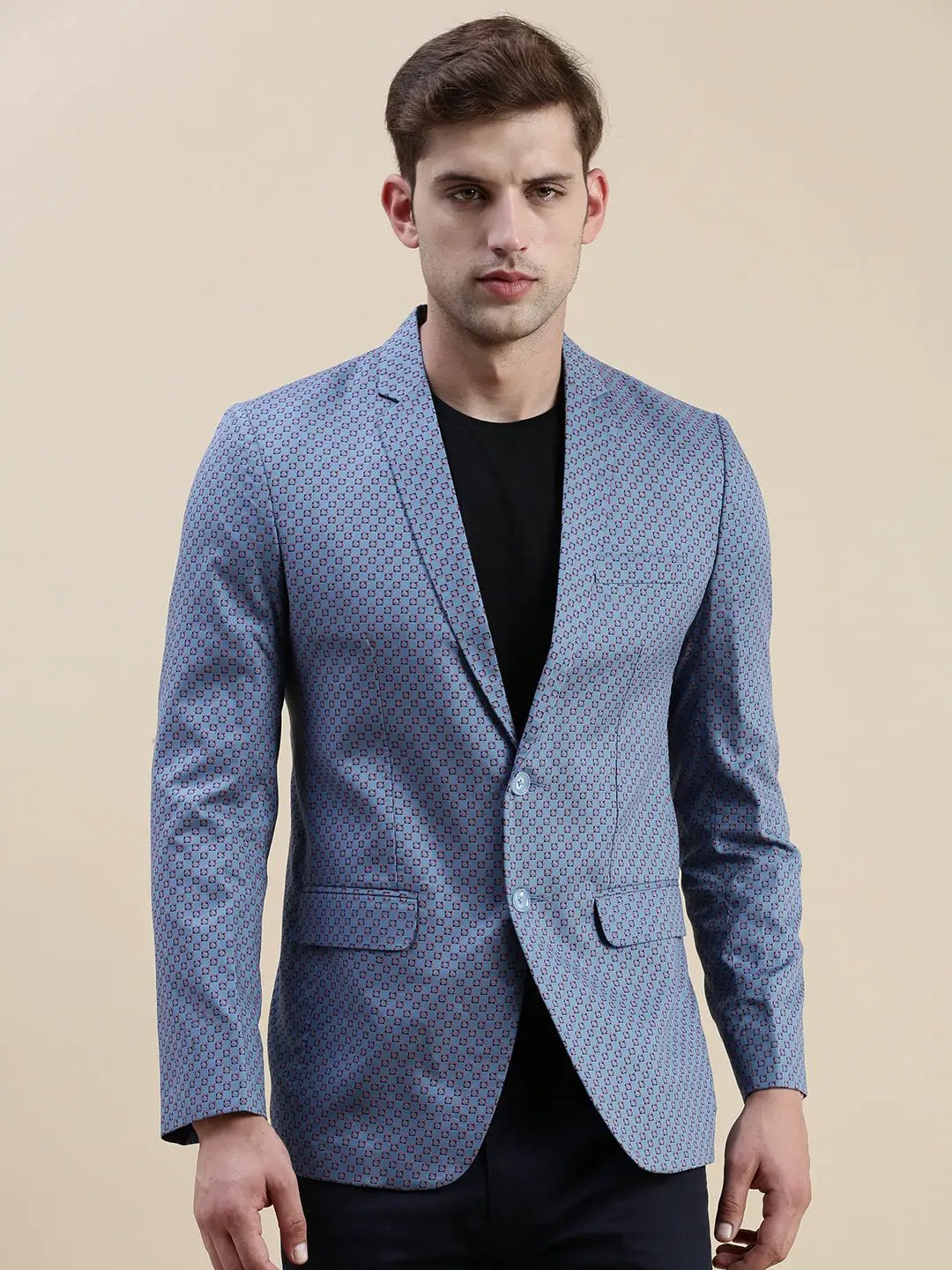 Men's Blue Printed Notched Lapel Blazers