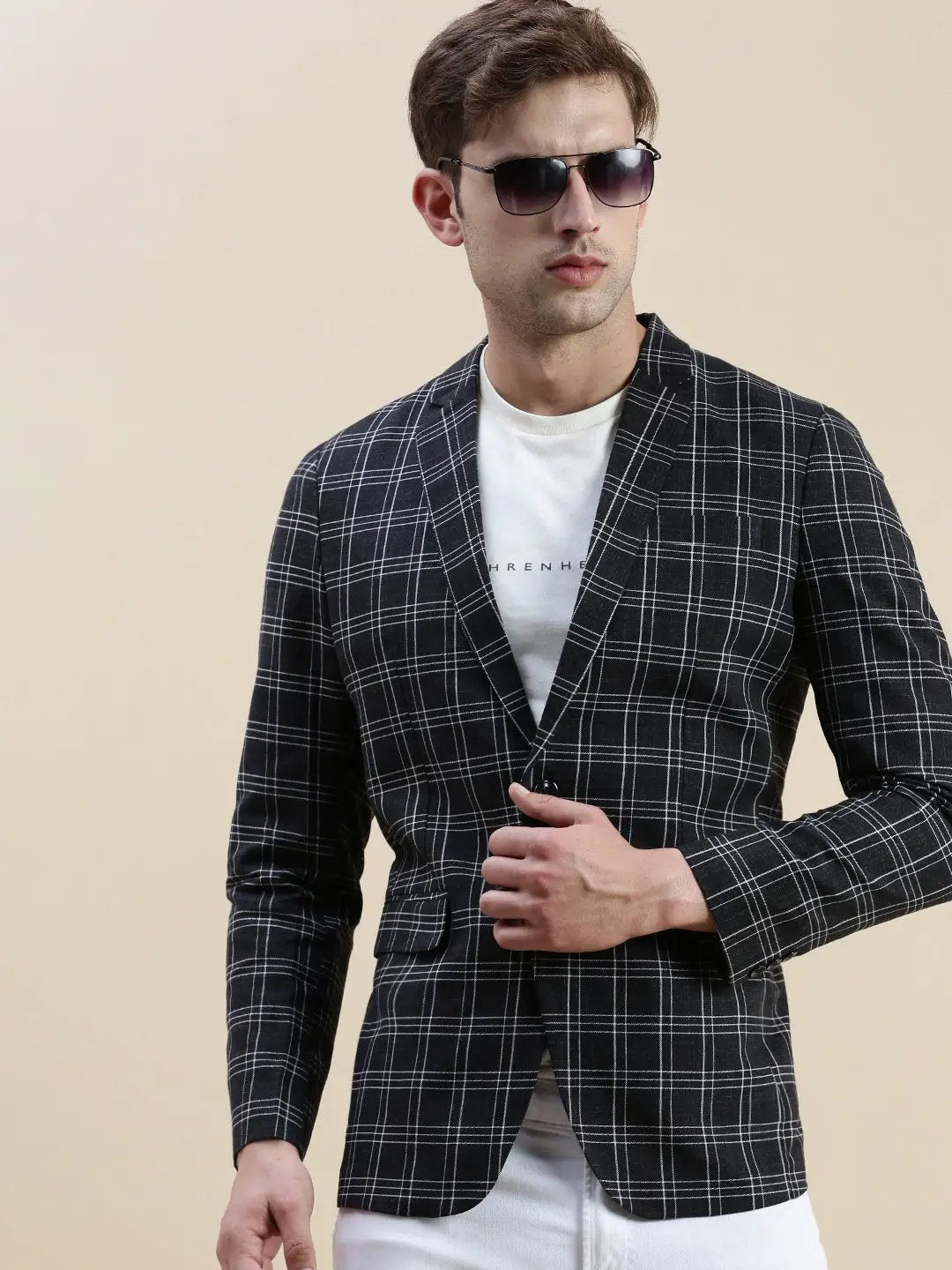 Men's Black Checked Notched Lapel Slim-Fit Single-Breasted Blazer