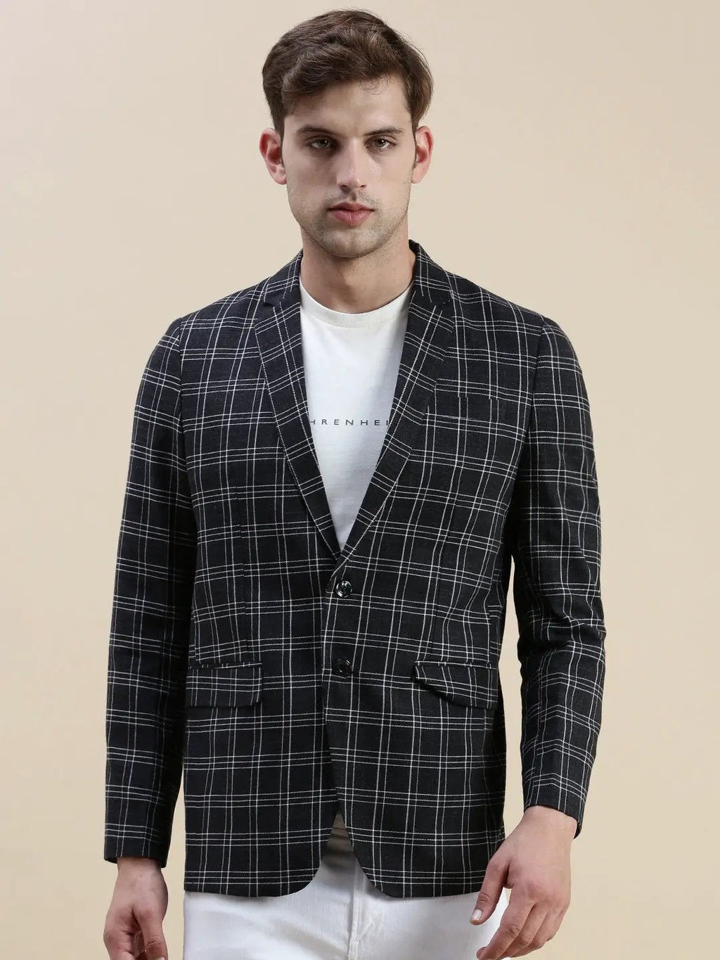 Men's Black Checked Notched Lapel Slim-Fit Single-Breasted Blazer