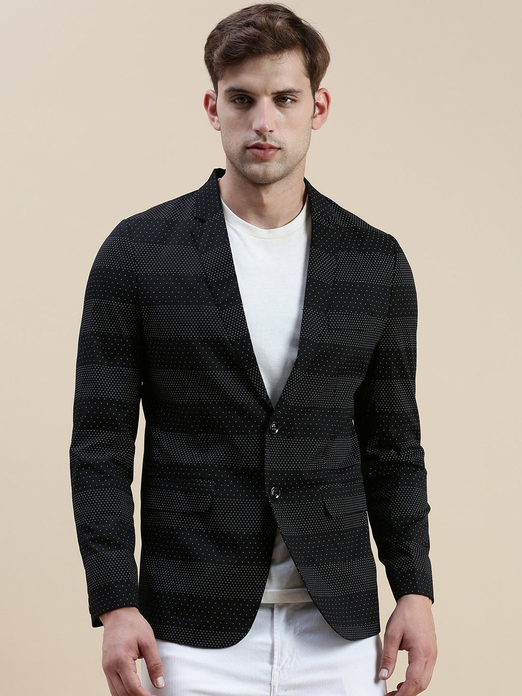 Men's Black Printed Slim-Fit Single-Breasted Blazer