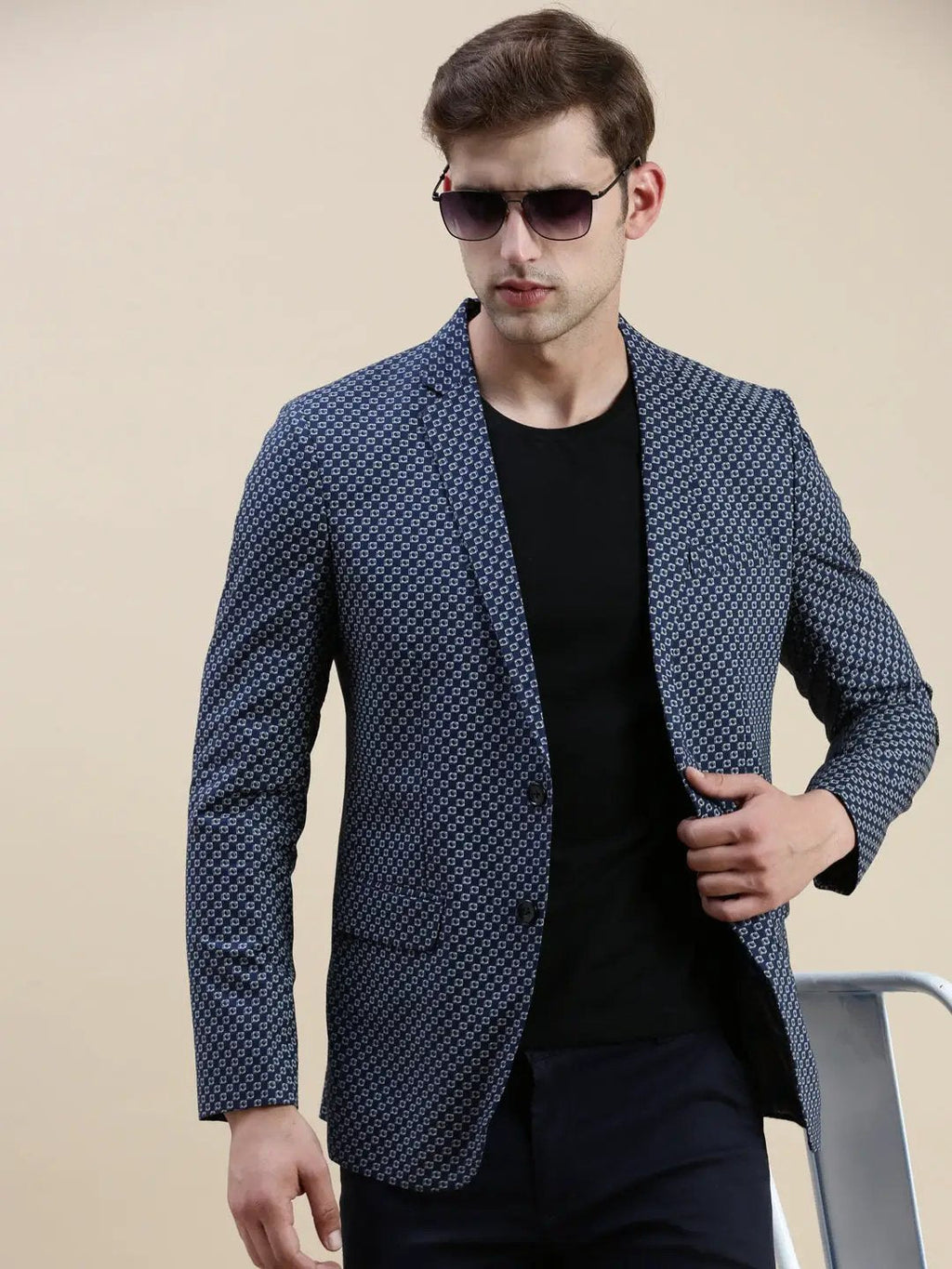 Men's Navy Blue Printed Slim-Fit Single-Breasted Blazers