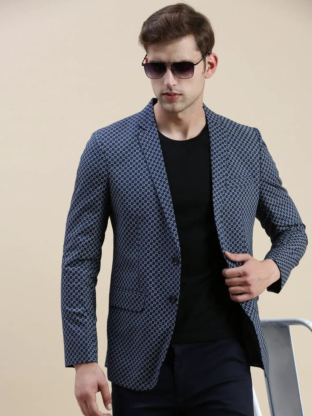 Men's Navy Blue Printed Slim-Fit Single-Breasted Blazers