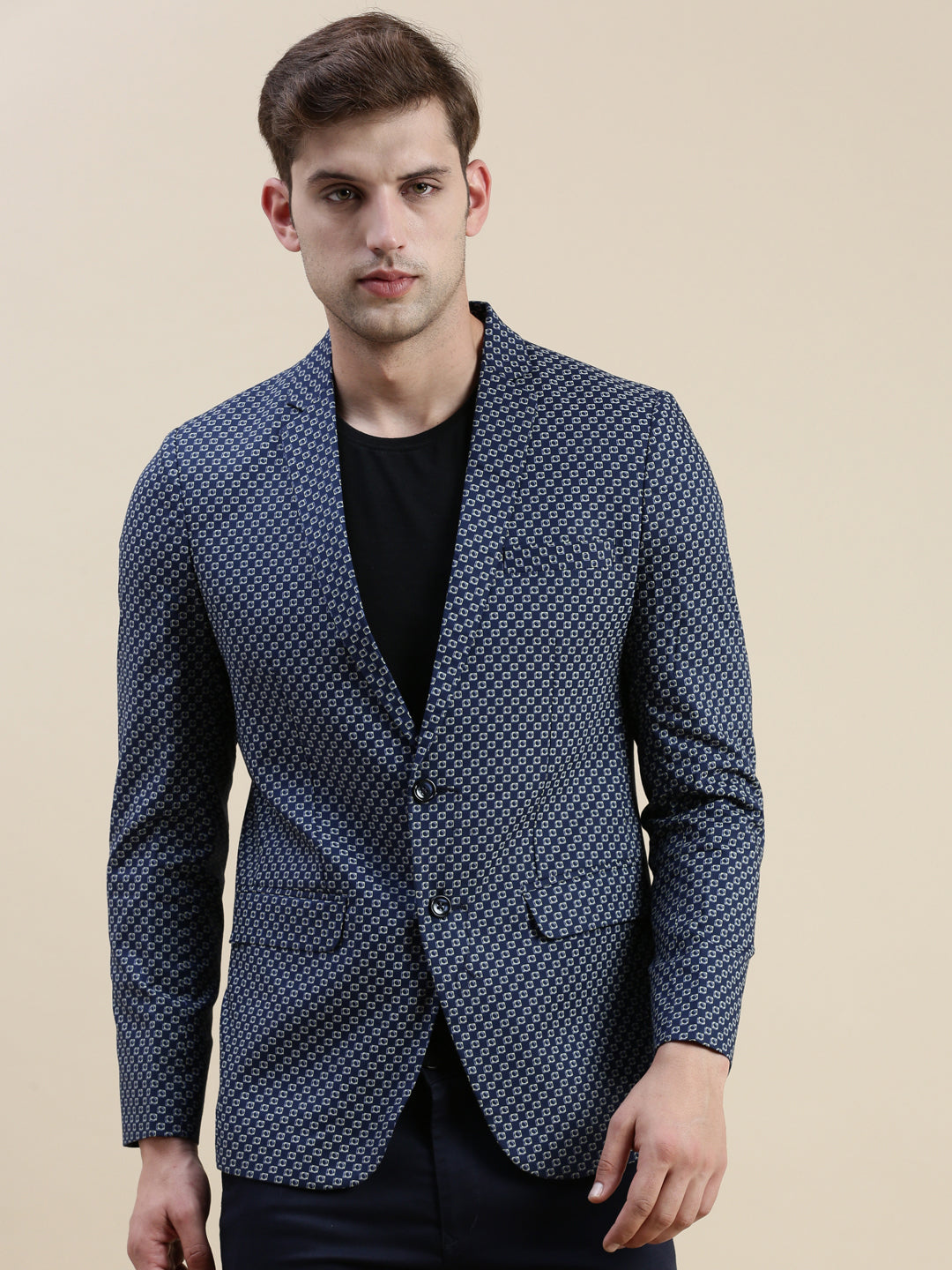 Men's Navy Blue Printed Slim-Fit Single-Breasted Blazers