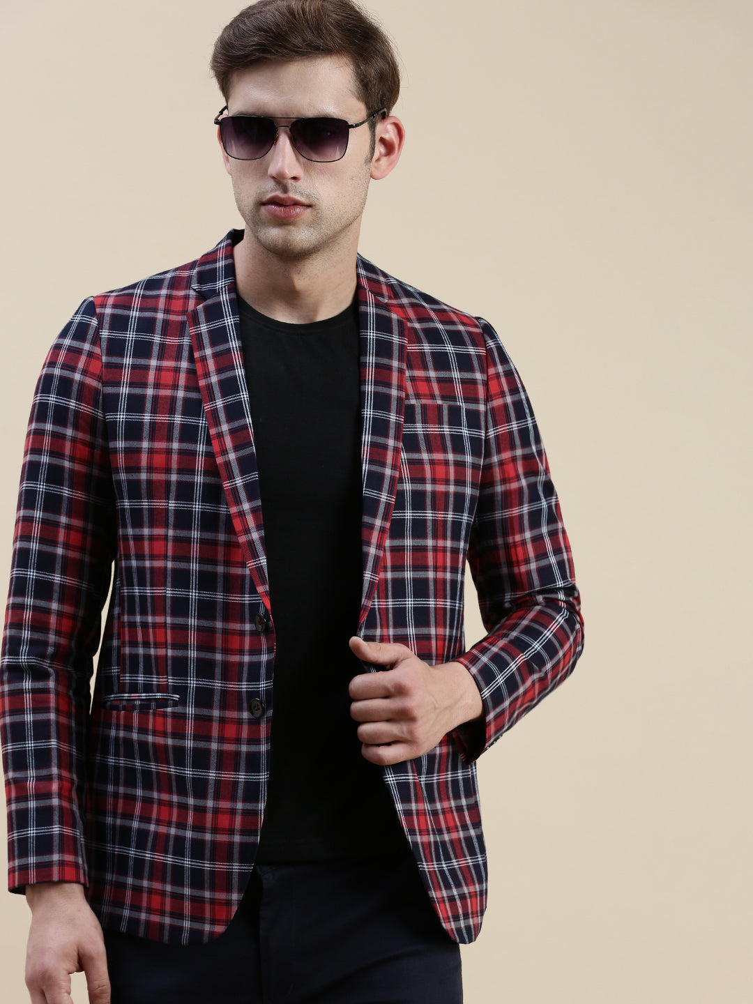 Men's Red Checked Notched Lapel Slim-Fit Single-Breasted Blazer