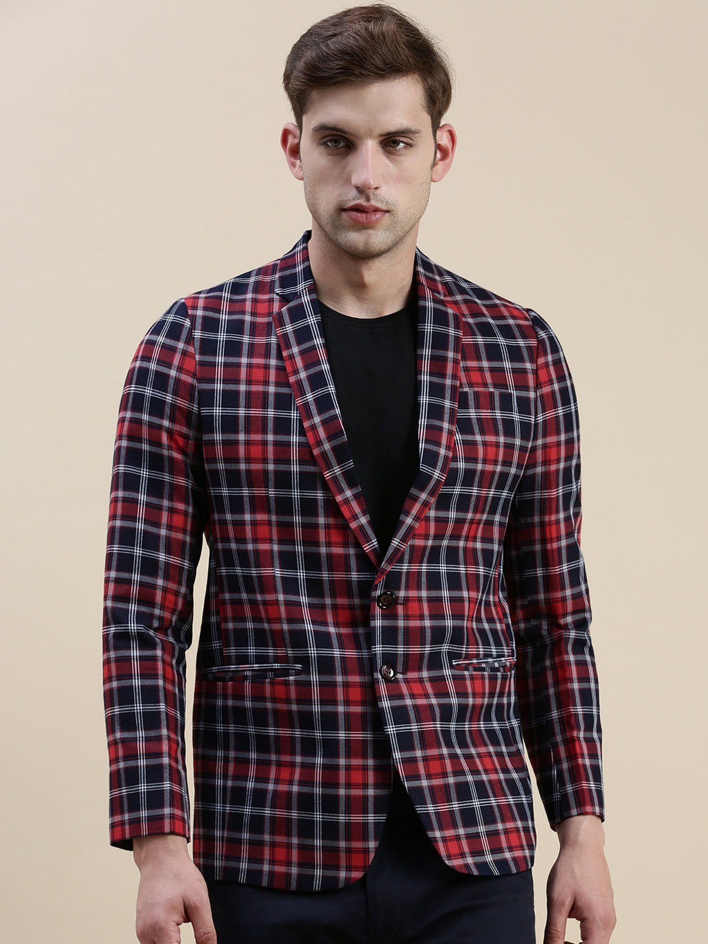 Men's Red Checked Notched Lapel Slim-Fit Single-Breasted Blazer