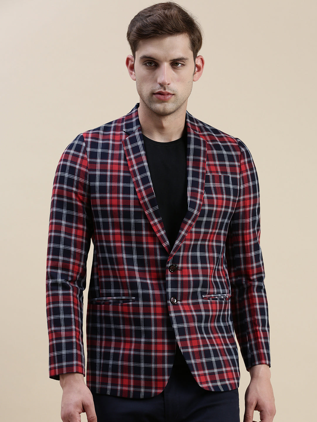 Men's Red Checked Notched Lapel Slim-Fit Single-Breasted Blazer