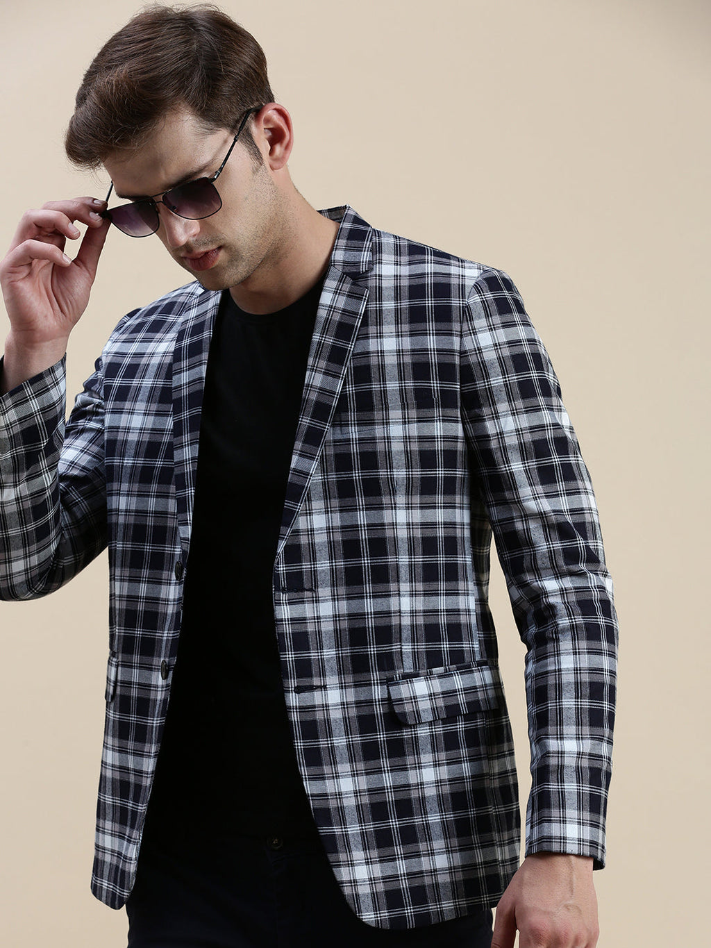 Men's Navy Blue Checked Slim-Fit Single Breasted Casual Blazers