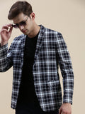 Men's Navy Blue Checked Slim-Fit Single Breasted Casual Blazers