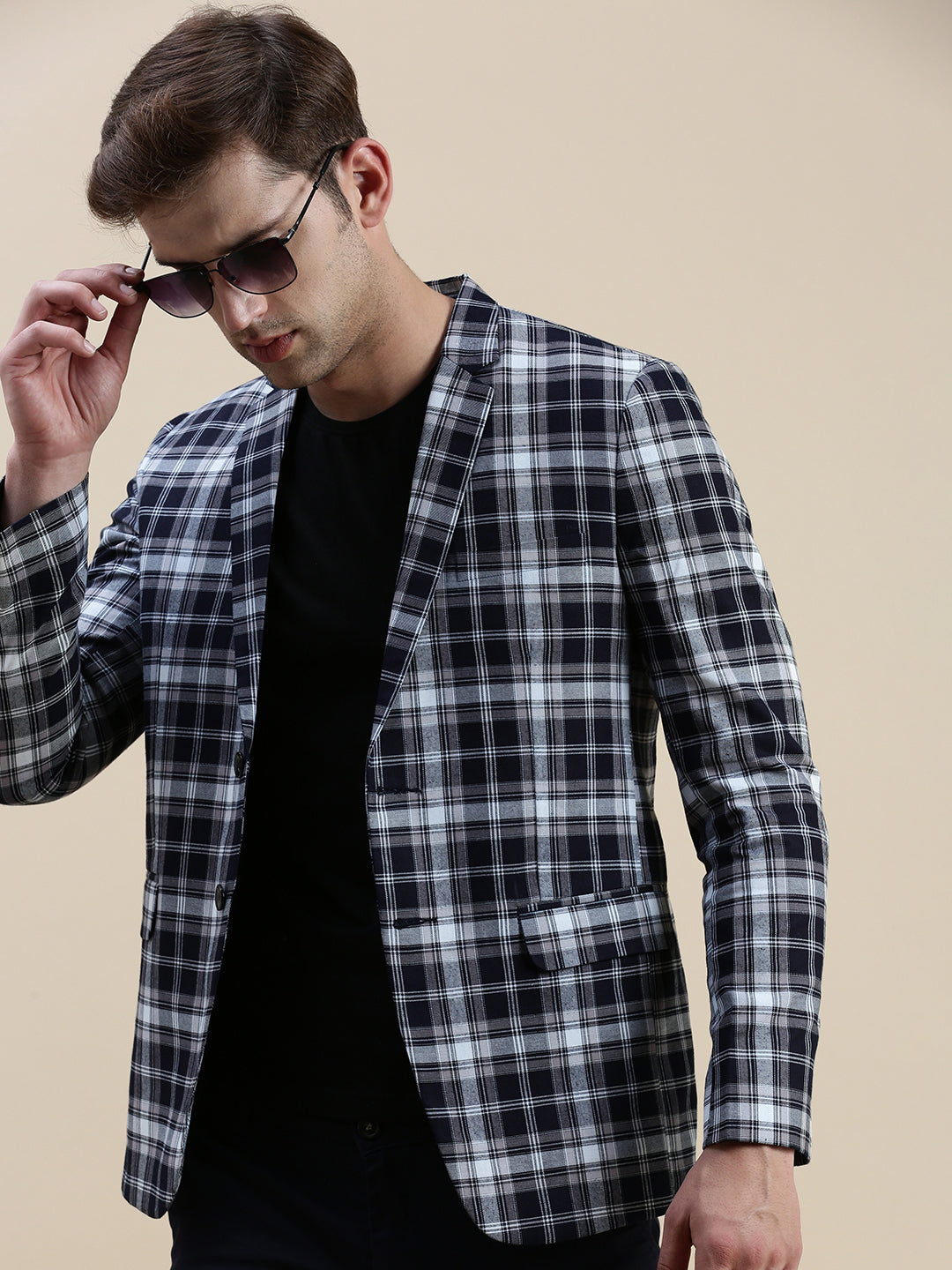 Men's Navy Blue Checked Slim-Fit Single Breasted Casual Blazers