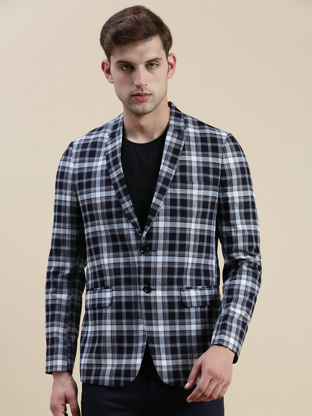 Men's Navy Blue Checked Slim-Fit Single Breasted Casual Blazers