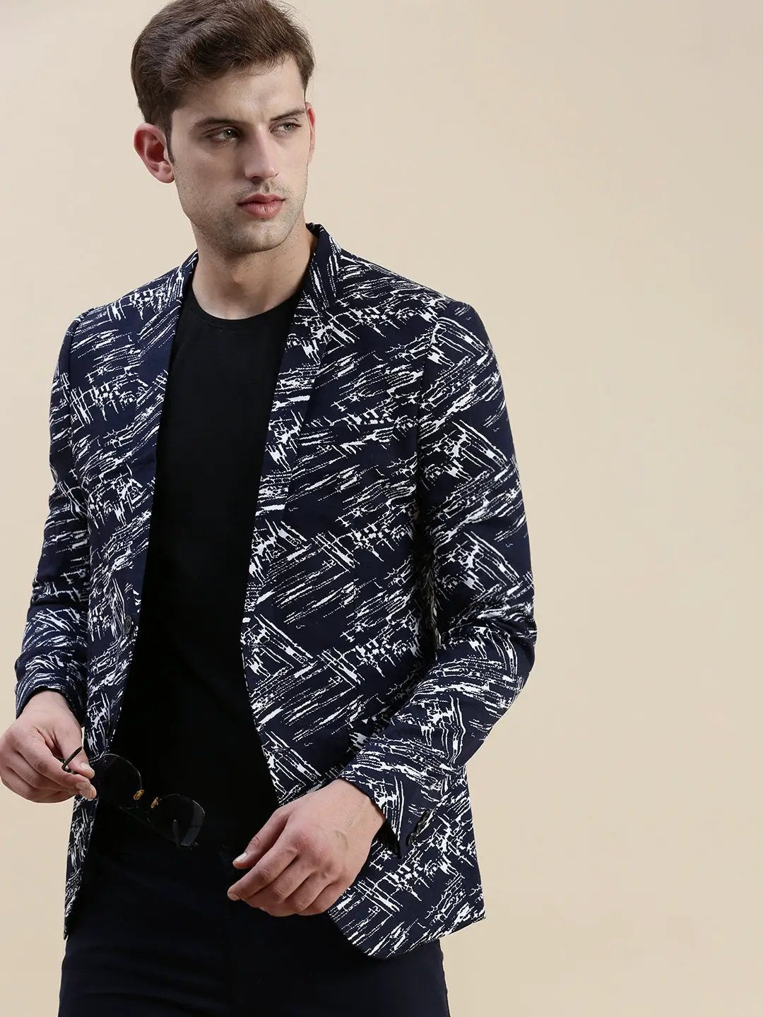 Men's Navy Blue Printed Slim-Fit Single Breasted Casual Blazers