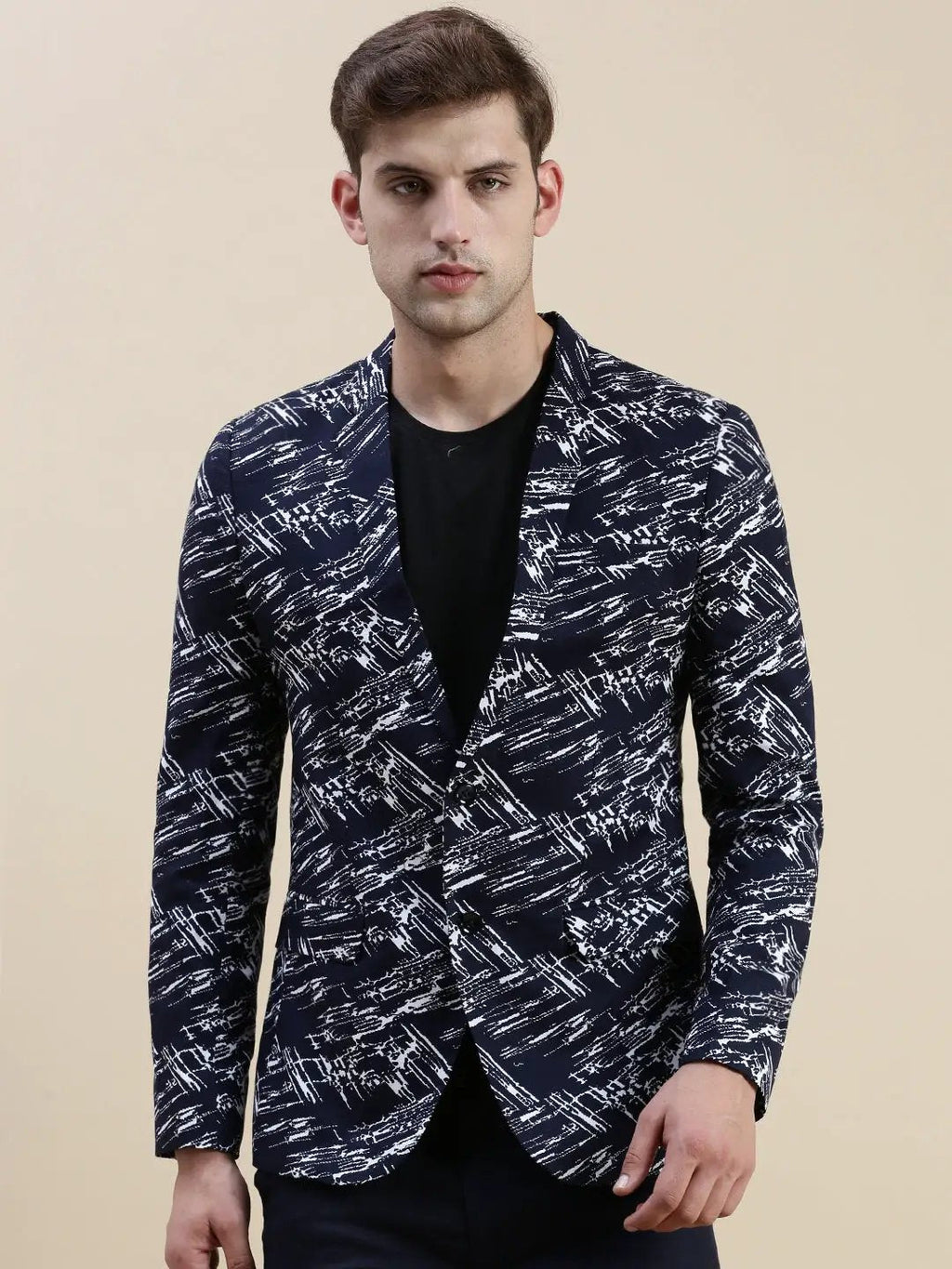 Men's Navy Blue Printed Slim-Fit Single Breasted Casual Blazers