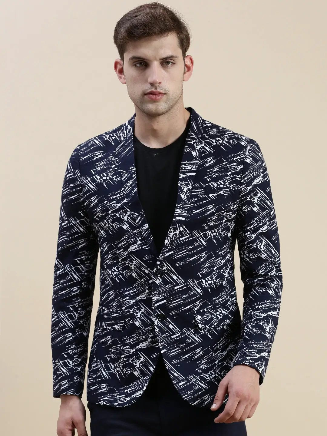 Men's Navy Blue Printed Slim-Fit Single Breasted Casual Blazers