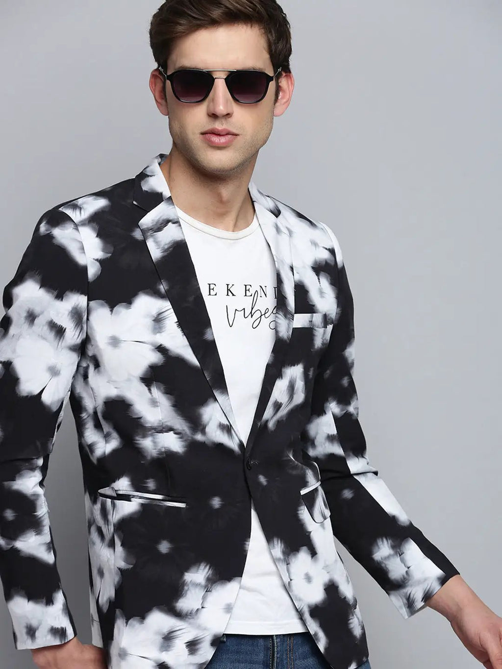 Men's Black Printed Single Breasted Blazer