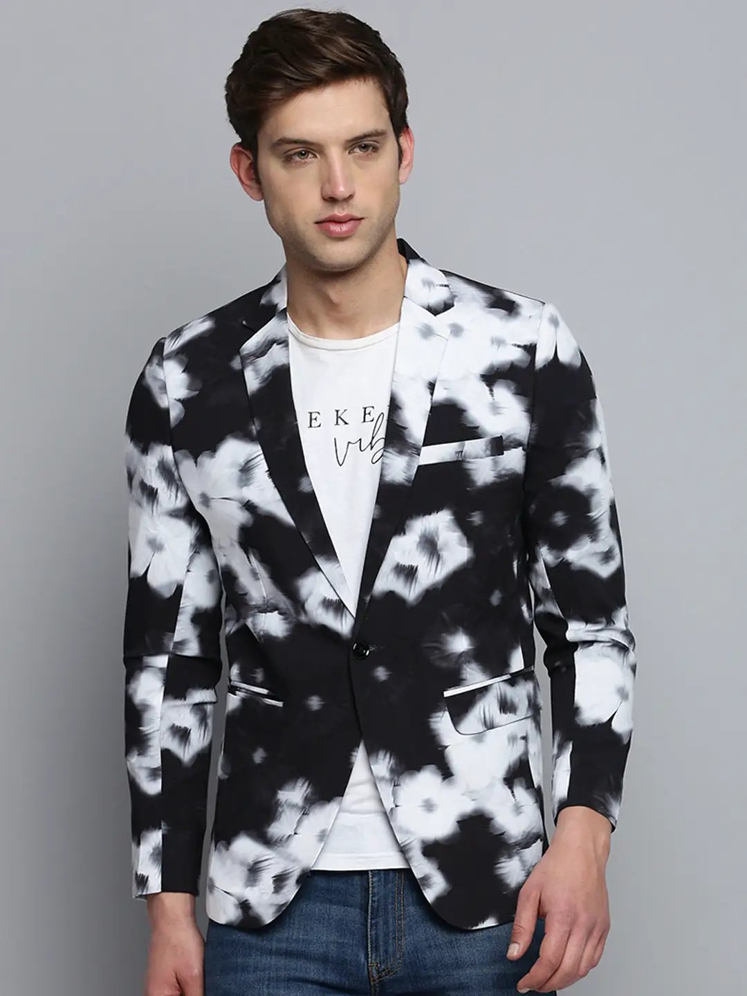 Men's Black Printed Single Breasted Blazer