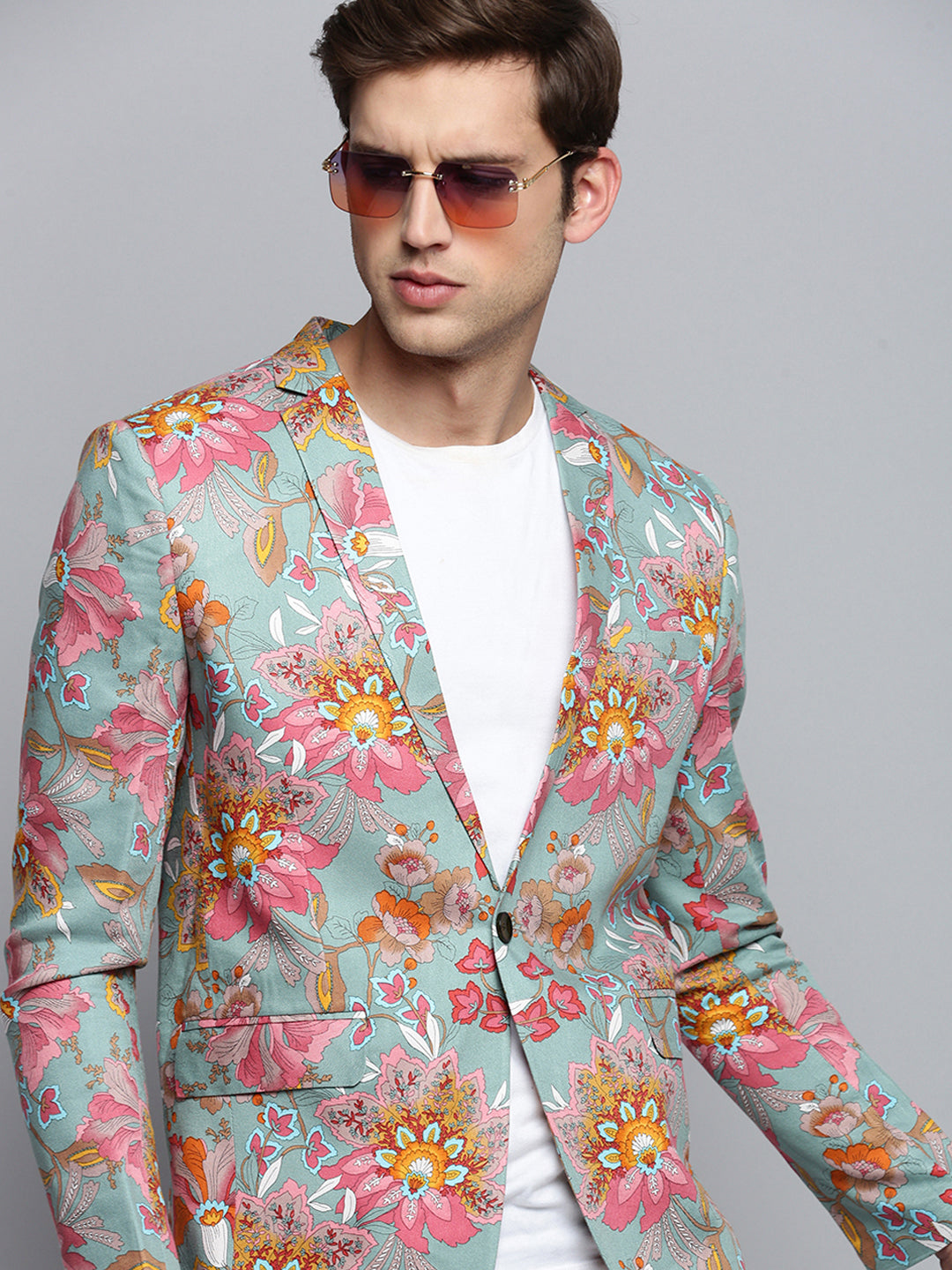 Men's Sea Green Printed Single-Breasted Blazer