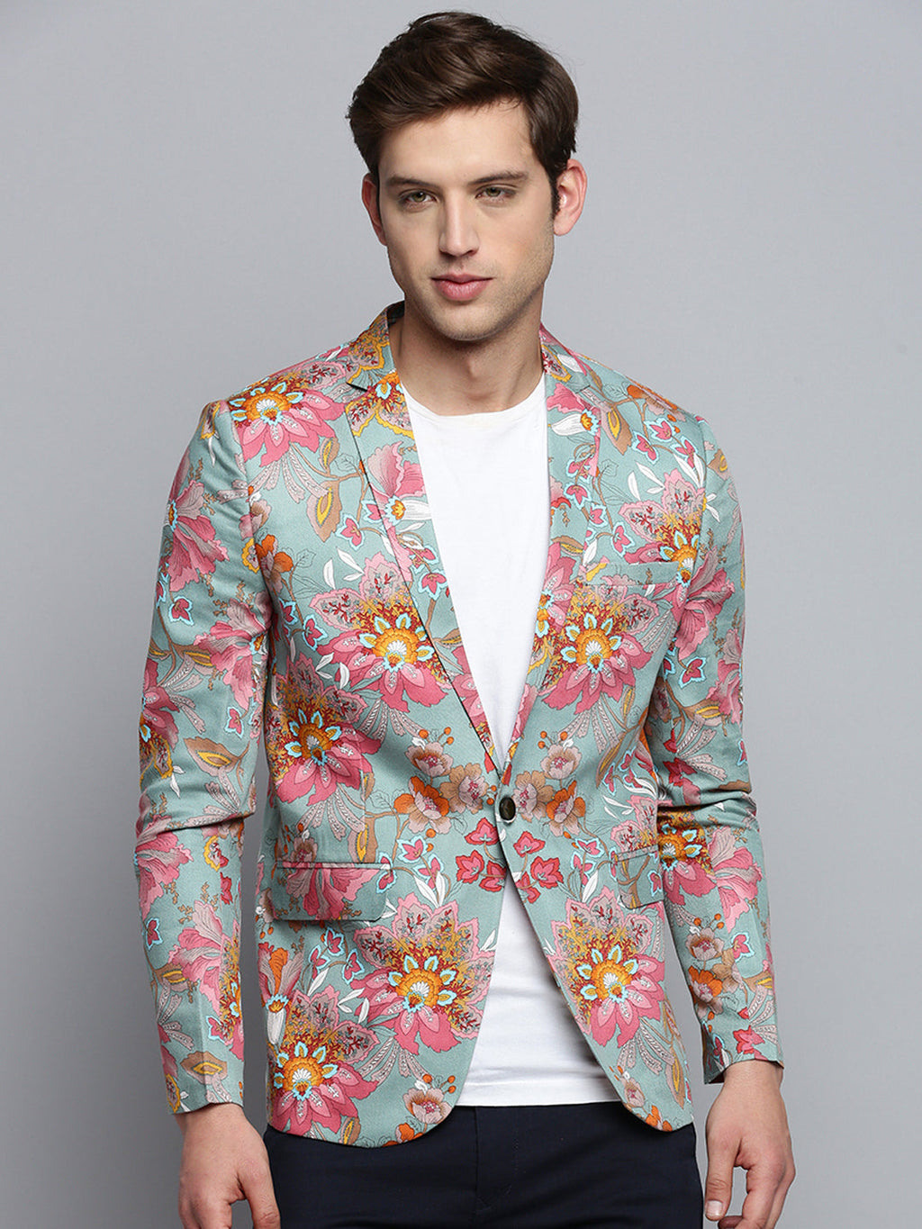 Men's Sea Green Printed Single-Breasted Blazer