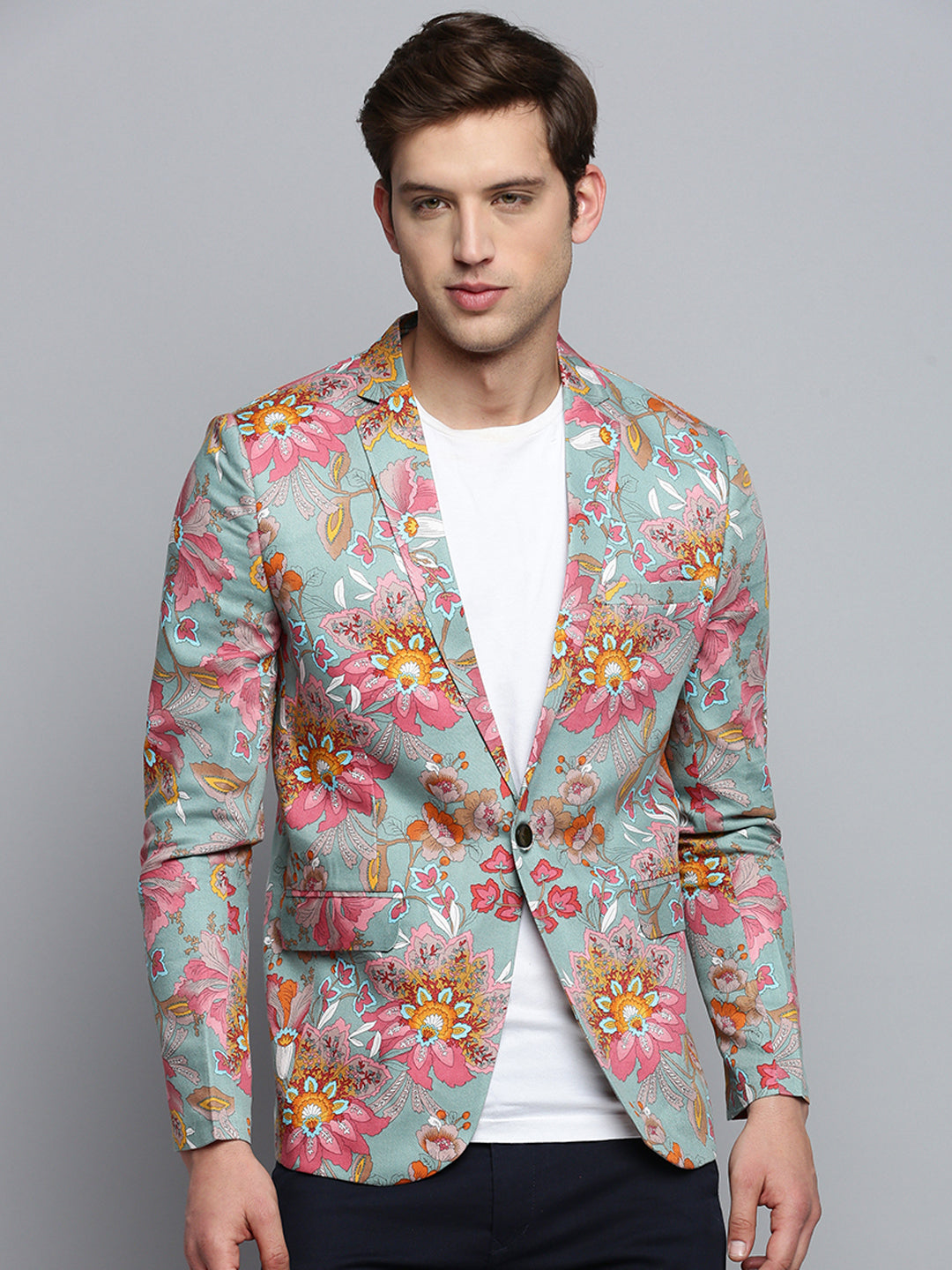 Men's Sea Green Printed Single-Breasted Blazer
