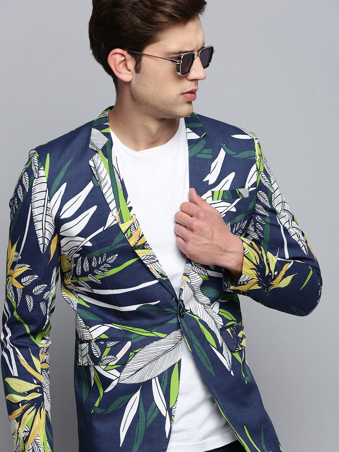 Men's Navy Blue Printed Single-Breasted Blazer