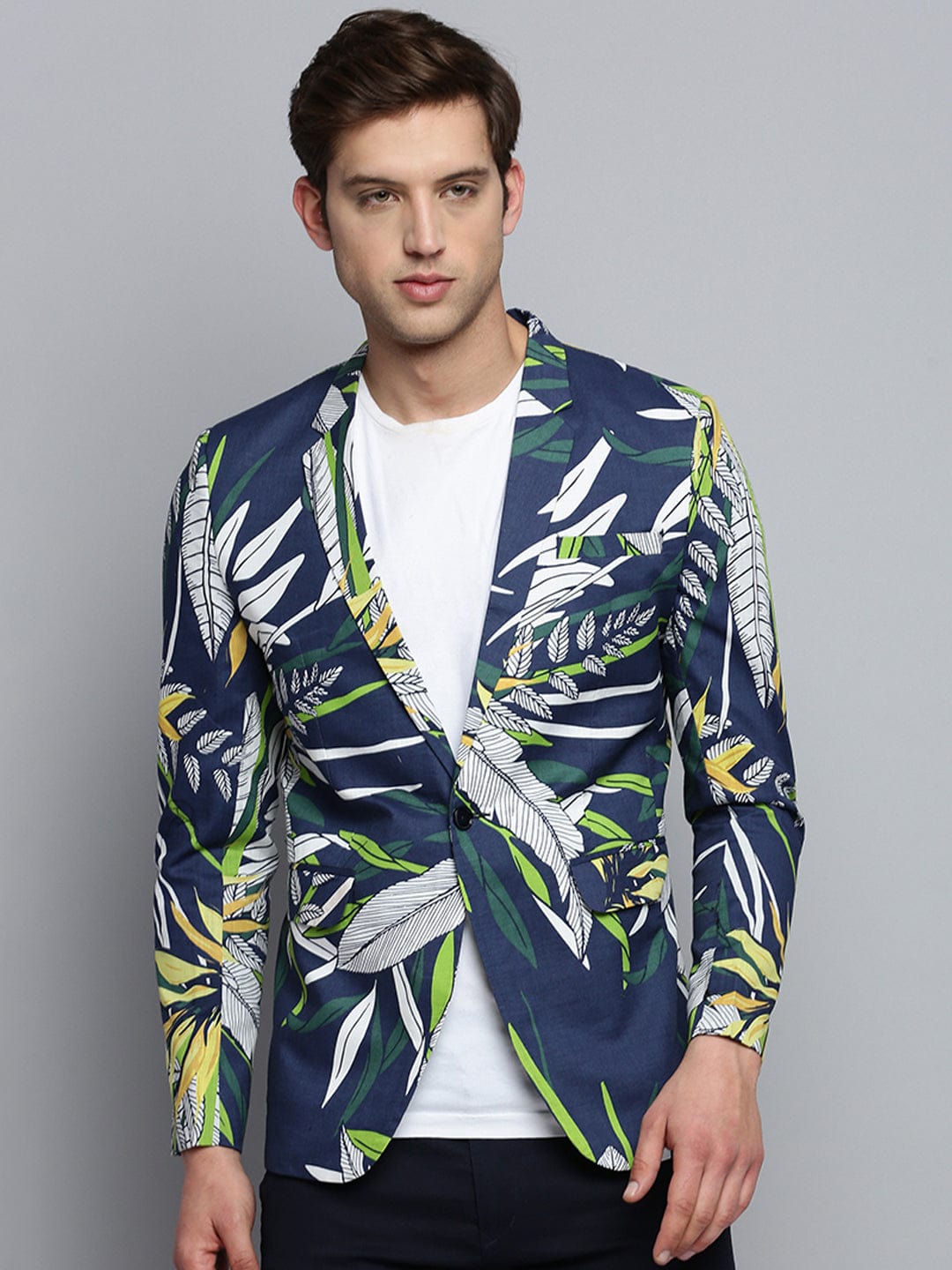 Men's Navy Blue Printed Single-Breasted Blazer