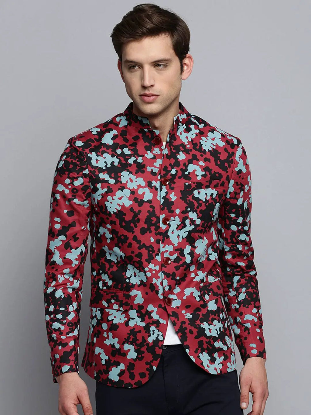 Men's Mandarin Collar Printed Burgundy Blazer