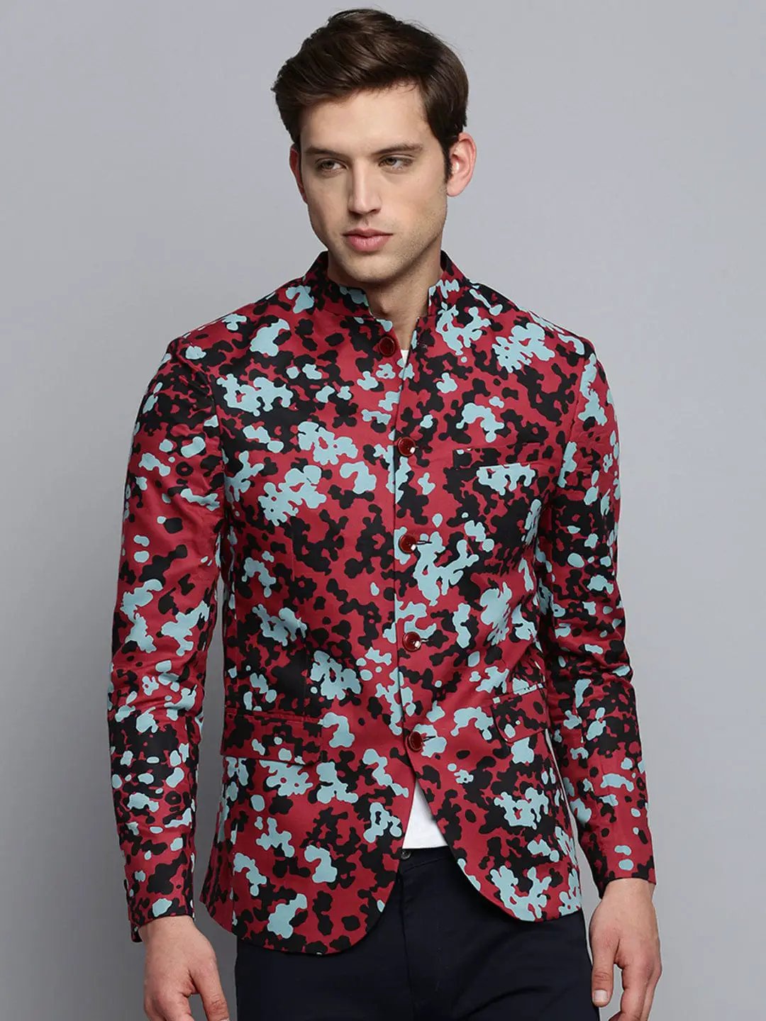 Men's Mandarin Collar Printed Burgundy Blazer