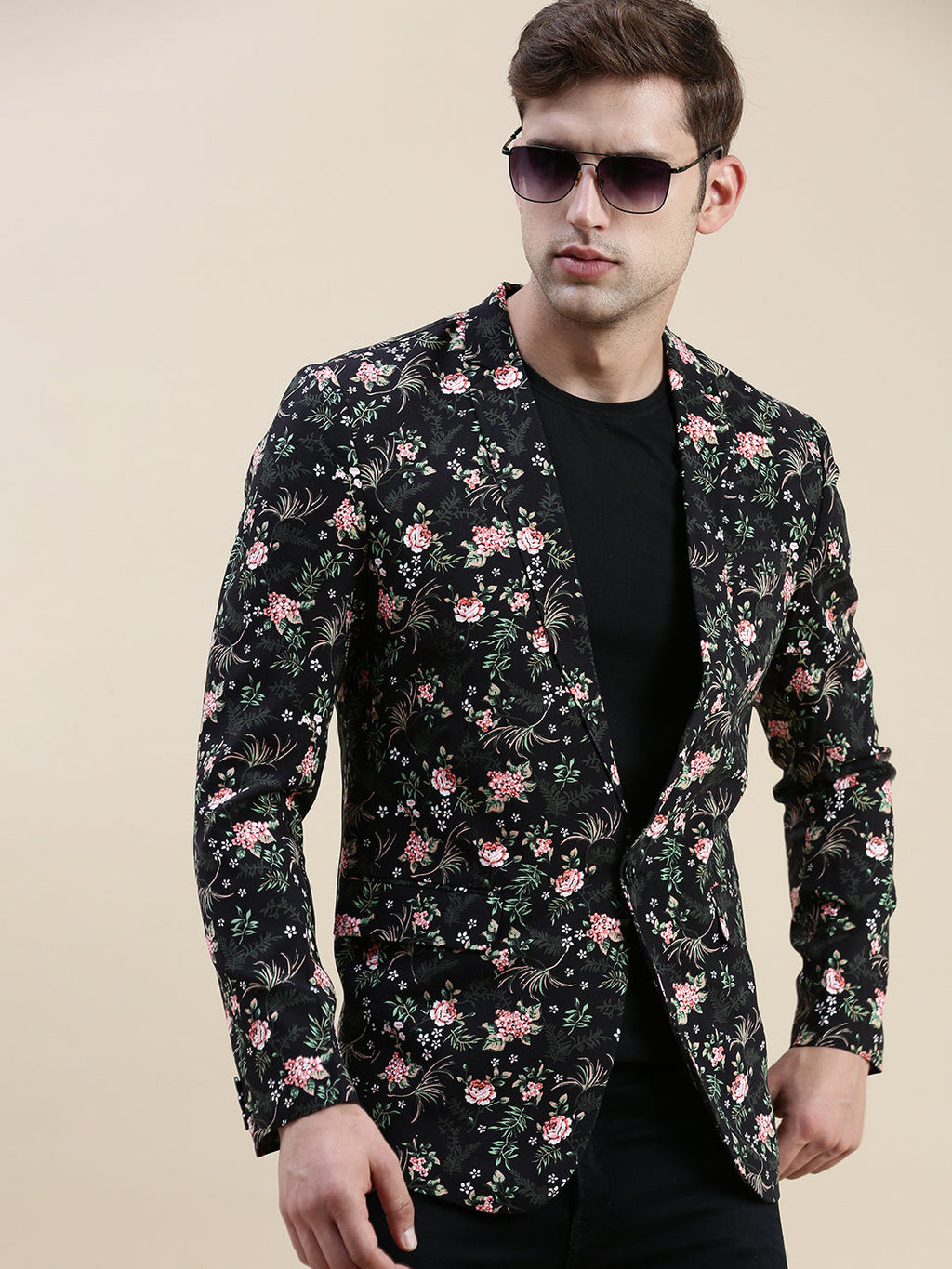 Men's Black Printed Cotton Blazers