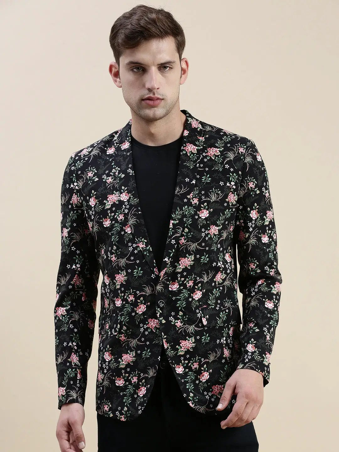 Men's Black Printed Cotton Blazers