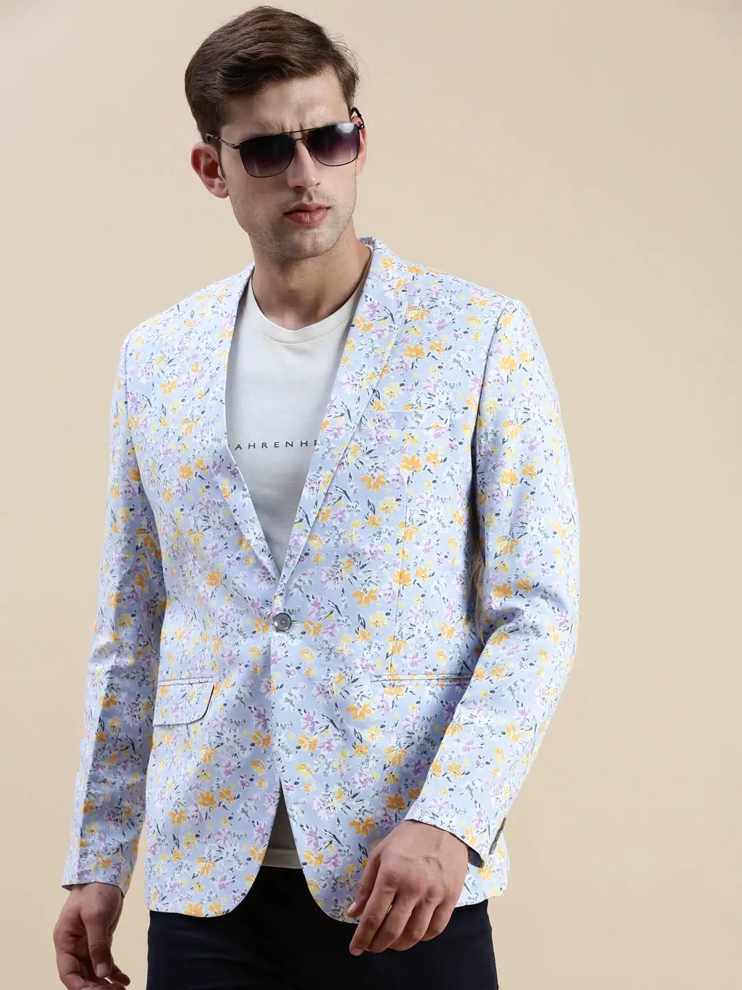 Men's Turquoise Blue Floral-Printed Single Breasted Casual Blazers
