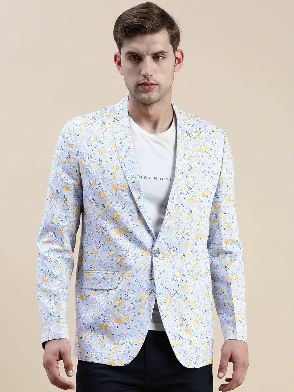 Men's Turquoise Blue Floral-Printed Single Breasted Casual Blazers