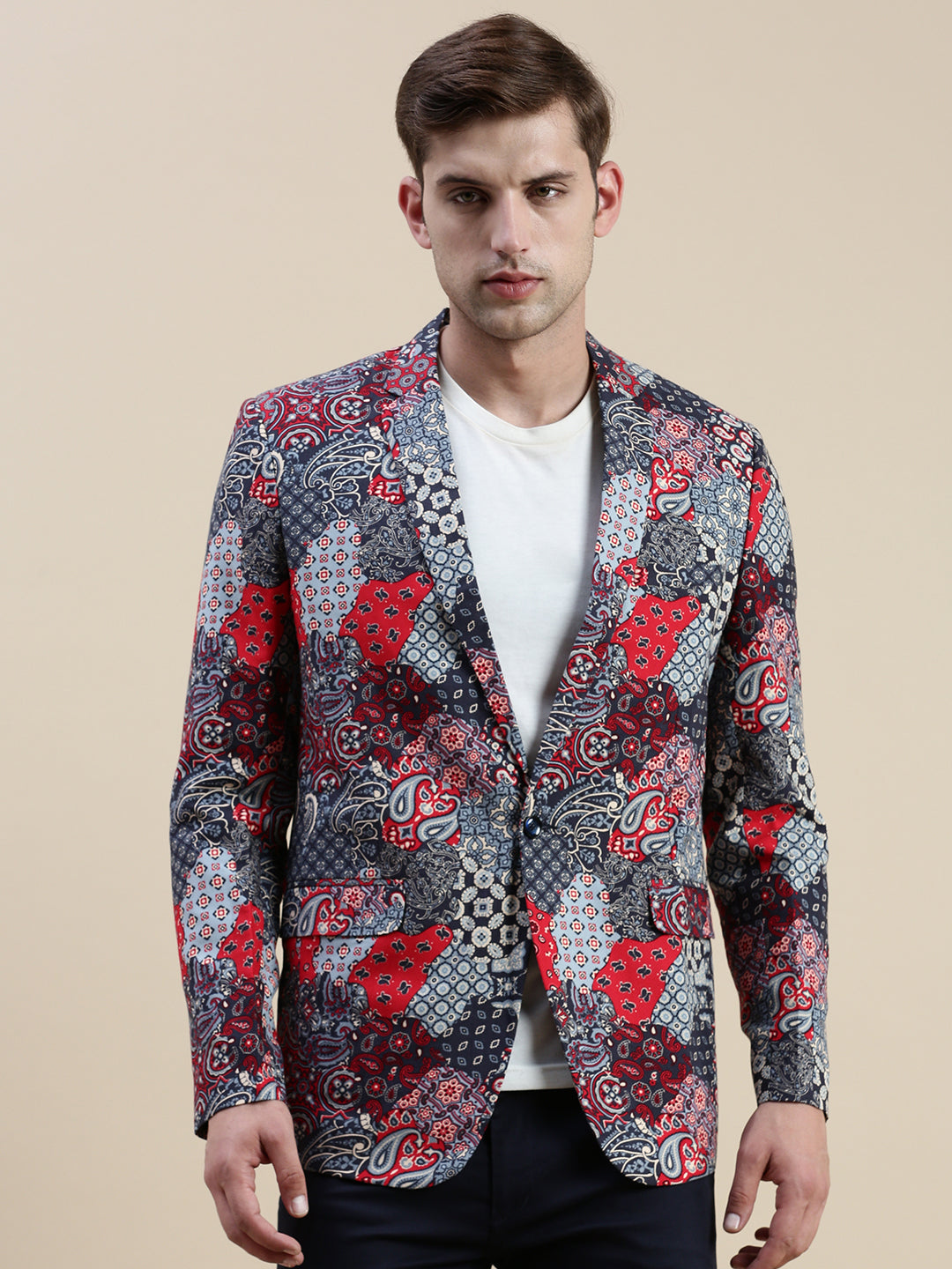 Men's Multi Printed Notched Lapel Slim-Fit Single-Breasted Blazer