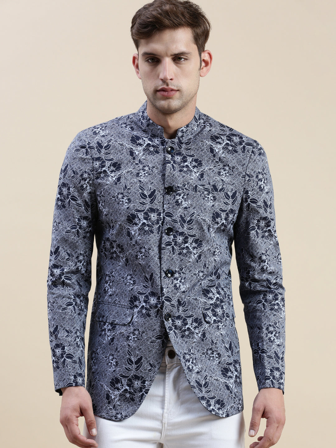 Men's Grey Printed Bandhgala Casual Blazer