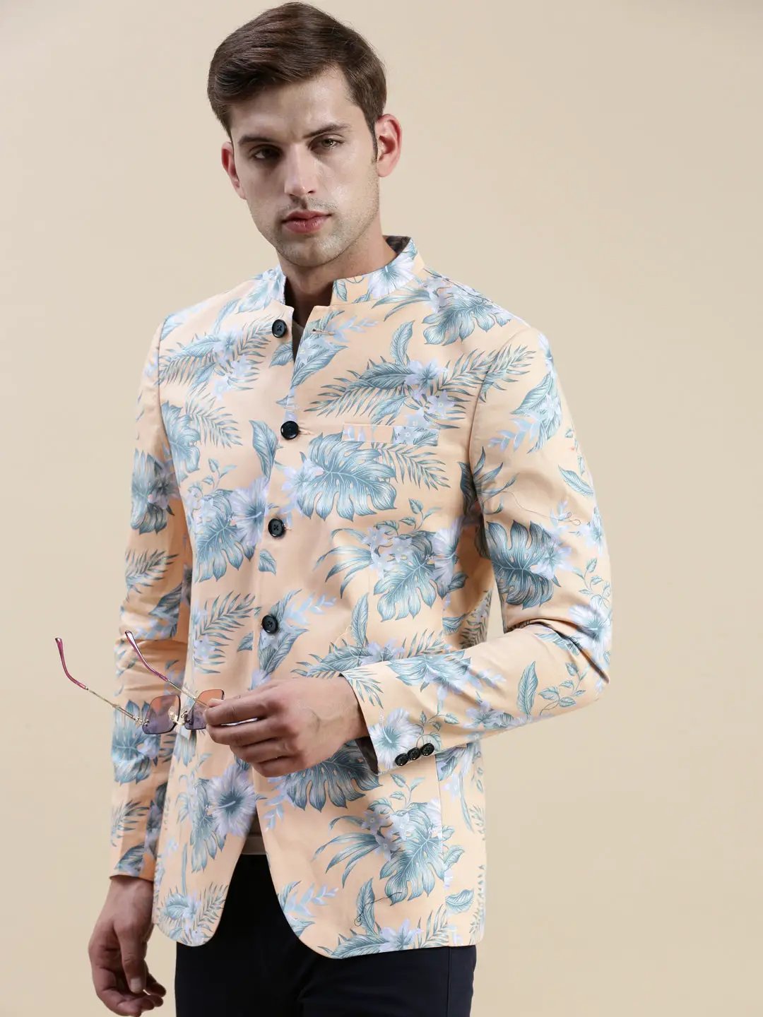 Men's Coral Printed Cotton Bandhgala Blazers