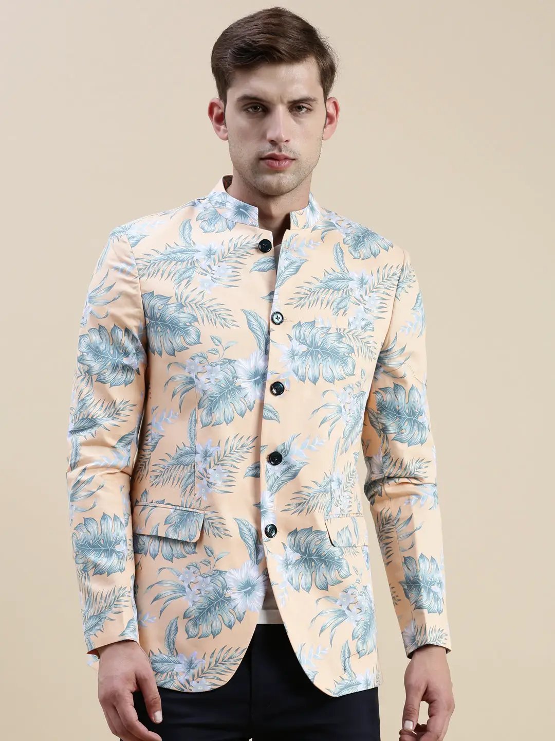 Men's Coral Printed Cotton Bandhgala Blazers