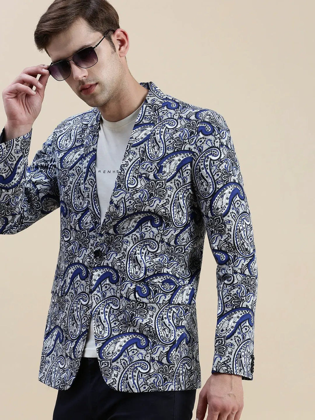 Men's Blue Printed Notched Lapel Slim-Fit Single-Breasted Blazer