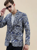 Men's Blue Printed Notched Lapel Slim-Fit Single-Breasted Blazer
