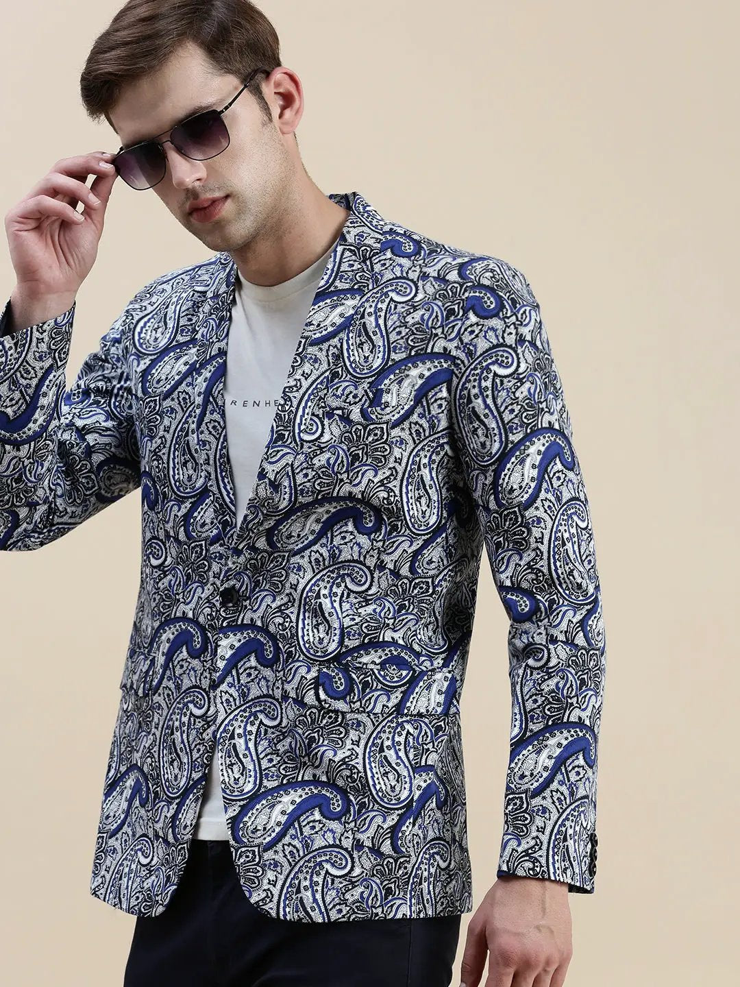 Men's Blue Printed Notched Lapel Slim-Fit Single-Breasted Blazer