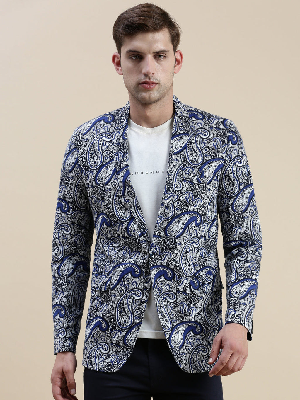 Men's Blue Printed Notched Lapel Slim-Fit Single-Breasted Blazer