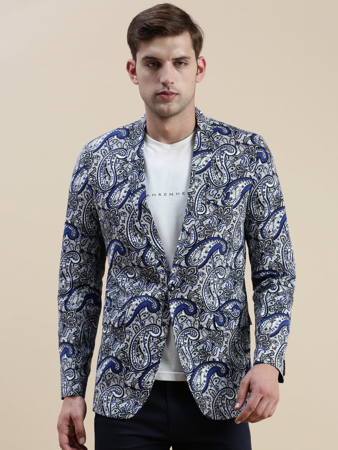 Men's Blue Printed Notched Lapel Slim-Fit Single-Breasted Blazer