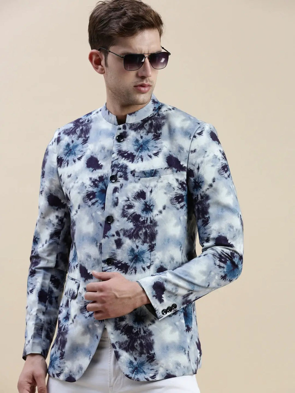 Men's Grey Printed Bandhgala Cotton Casual Blazer