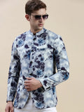 Men's Grey Printed Bandhgala Cotton Casual Blazer