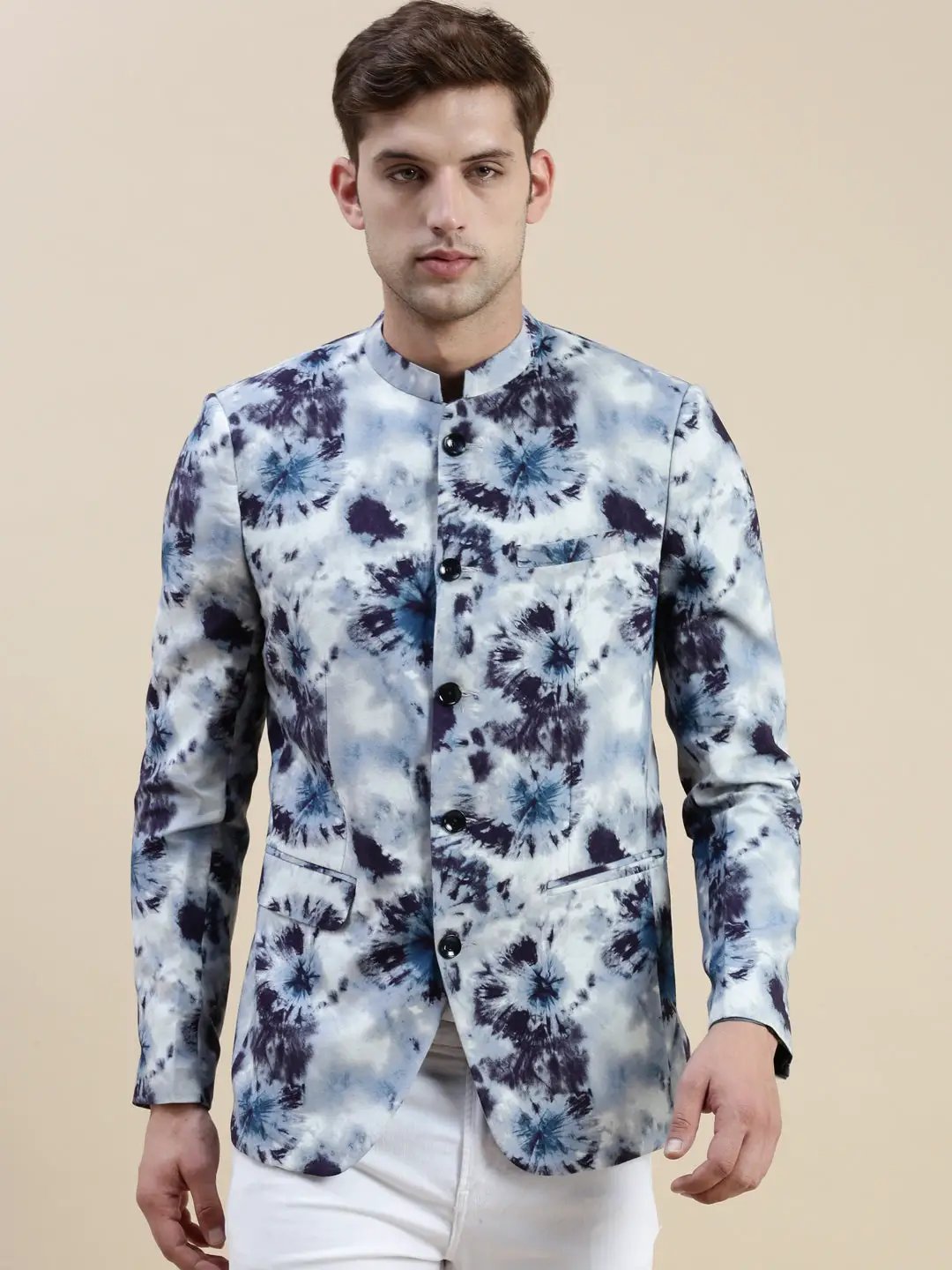 Men's Grey Printed Bandhgala Cotton Casual Blazer