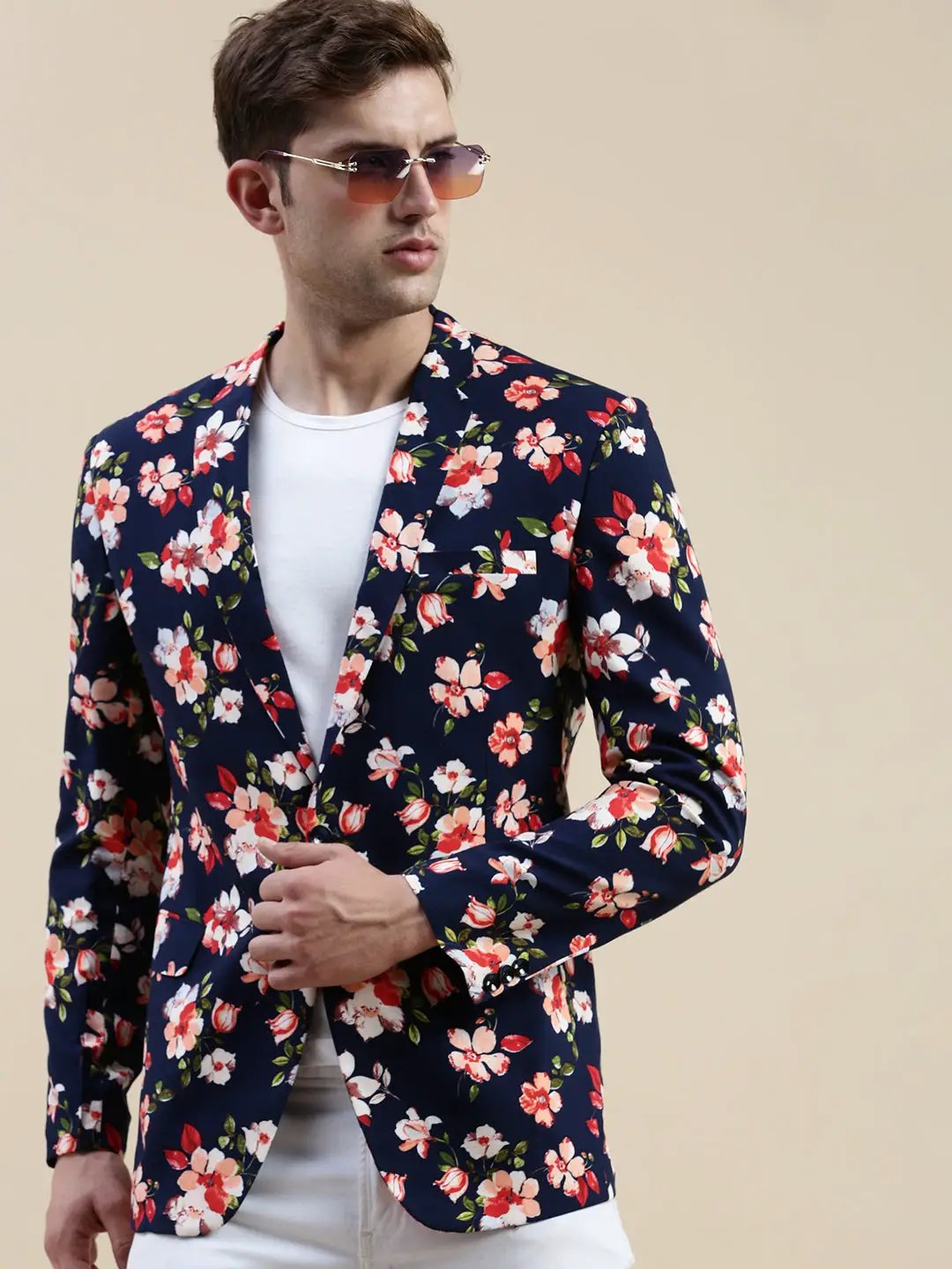 Men's Navy Blue Floral-Printed Slim-Fit Single Breasted Casual Blazers