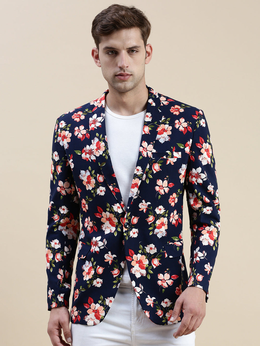 Men's Navy Blue Floral-Printed Slim-Fit Single Breasted Casual Blazers