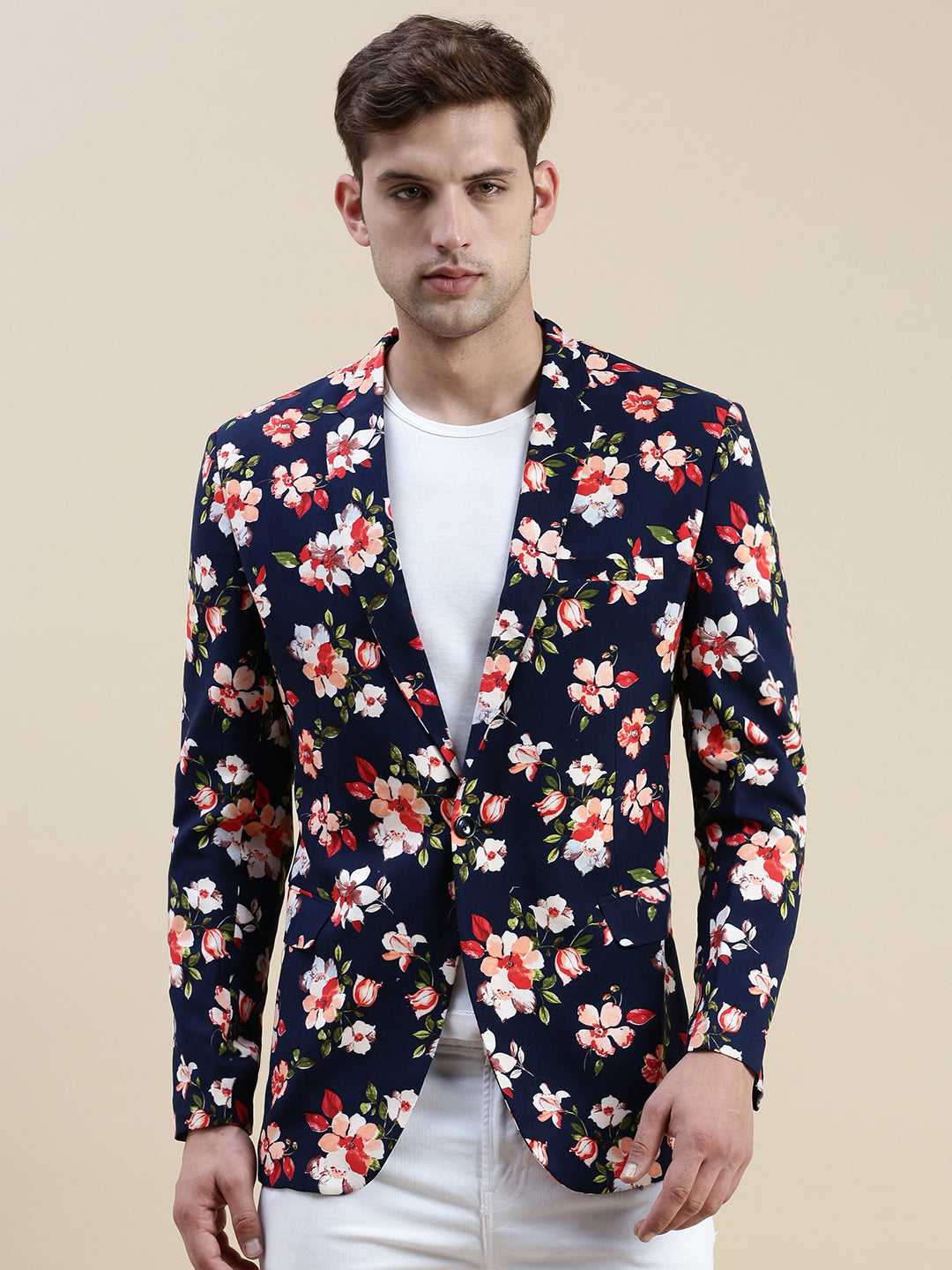 Men's Navy Blue Floral-Printed Slim-Fit Single Breasted Casual Blazers