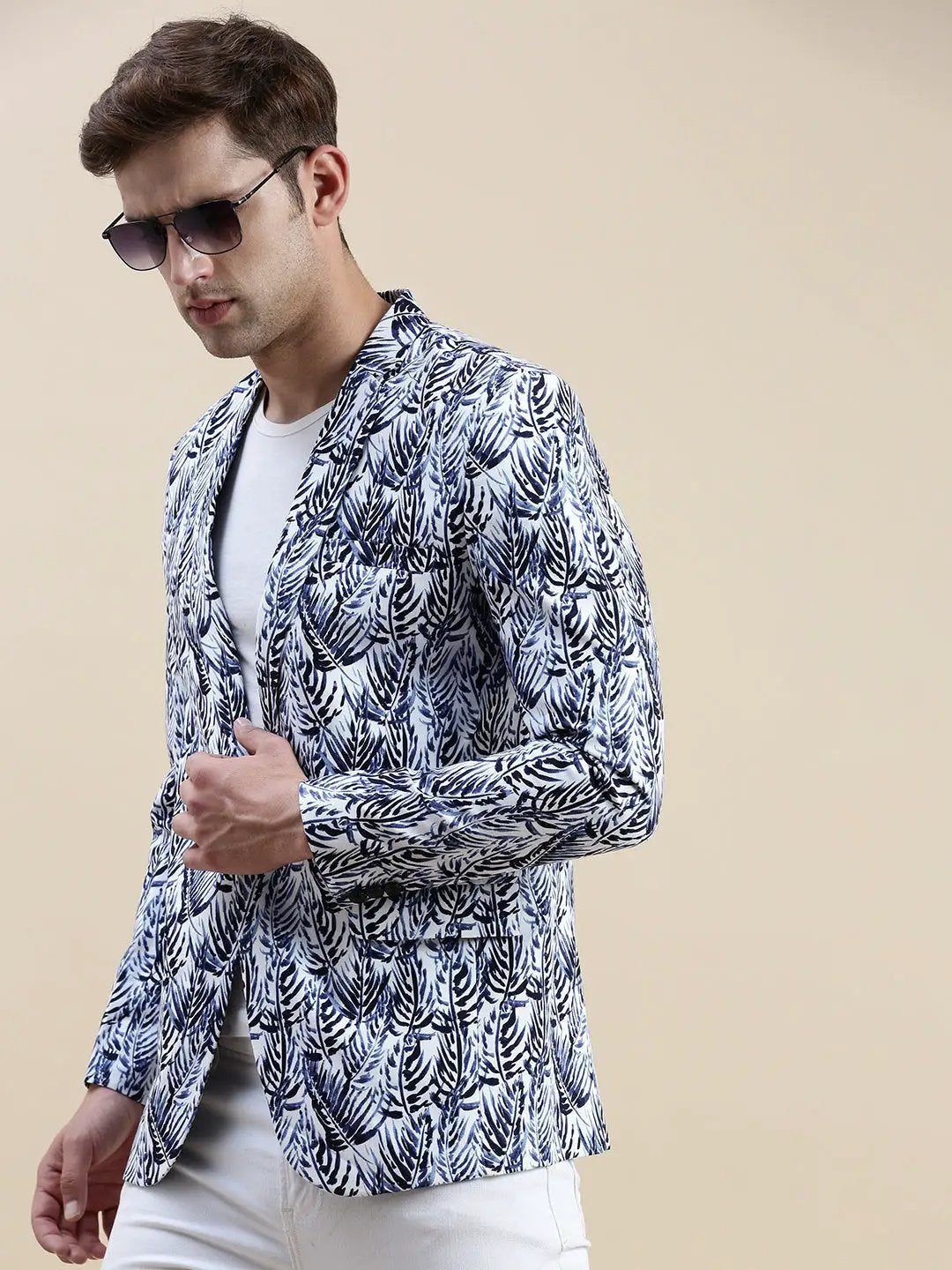 Men's Blue Printed Notched Lapel Slim-Fit Single-Breasted Blazer