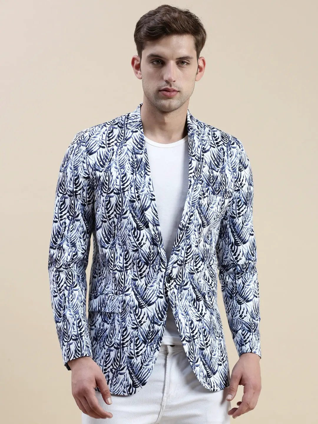 Men's Blue Printed Notched Lapel Slim-Fit Single-Breasted Blazer